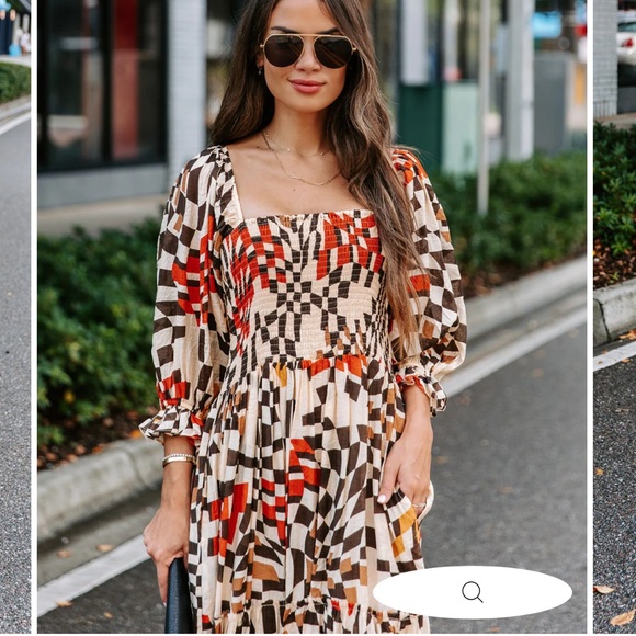 Fate Printed Pocketed Smocked Midi Dress Brown Multi Puffy Sleeves Square Neck M - Picture 8 of 16